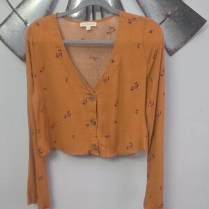 L.A. Hearts Women's Mustard Floral Button-Front V-Neck Top